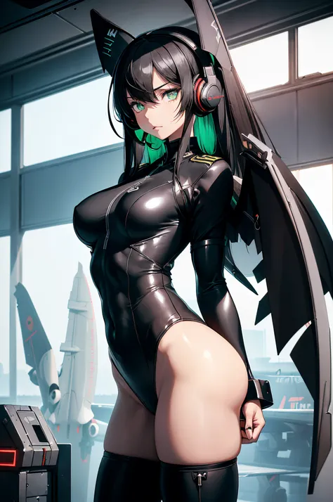 {{{{{masterpiece, best quality, official art, 8k, high resolution illustration}}}}}, 1girl, cute, 2d, japanese, hand drawn, anime style, girl in a smooth curve, matte black bodysuit inspired by a futuristic stealth bomber, (plane tail-ear headphones:1.6), ...