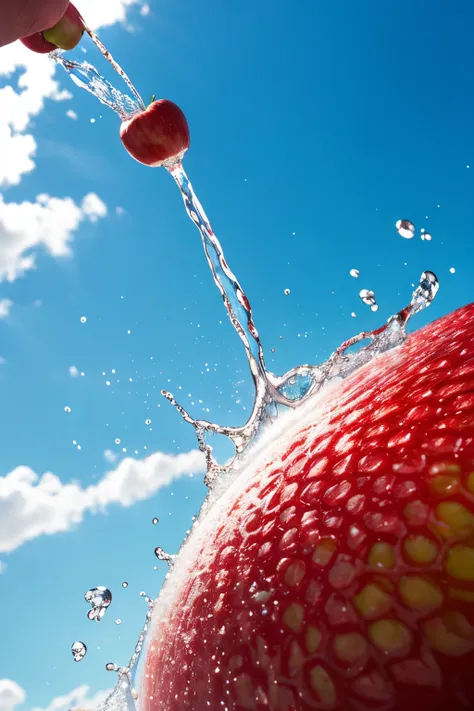 nice shot, ultra-wide-angle, Apple juice waterfall splash, Liquid explosion, 2-3 delicate apples, against bright blue sky as background, Surreal style, Fresh fruit color, Focus on Apple, actual, Super fine detail, depth of fields, A high resolution, Canon ...