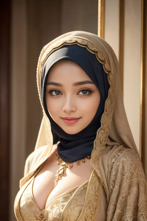 cleavage, hijabi, Absurd, ultra-detailed, high quality, masterpiece, detailed face, beautiful eyes(detailed eyes), Greek mythology Goddess, Hestia, goddess of the hearth and home, gentle and graceful, face exudes warmth and kindness, eyes described as soft...