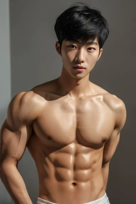 , (masterpiece, ultra quality, high resolution, 8k, intricate: 1.2), (detailed face:1.2), handsome, Young Korean man ,white skin, double eyelids , detailed skin,  1boy, ((realistic)), abs, good lighting quality, muscle veins, ((pale skin)), flexing, (rolli...