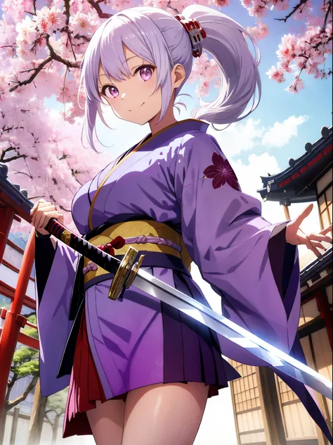 masutepiece, hight resolution, Best Quality, 1girl solo, Smile, Kimono, White hair, Purple Highlights, Ponytail、Japan holding a sword、Hold the sword、holding the sword of a Japanese sword