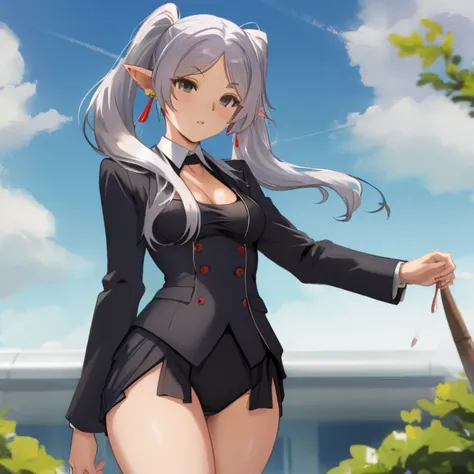 Frieren, twintails, earrings, thighs, small tits, sexy suit