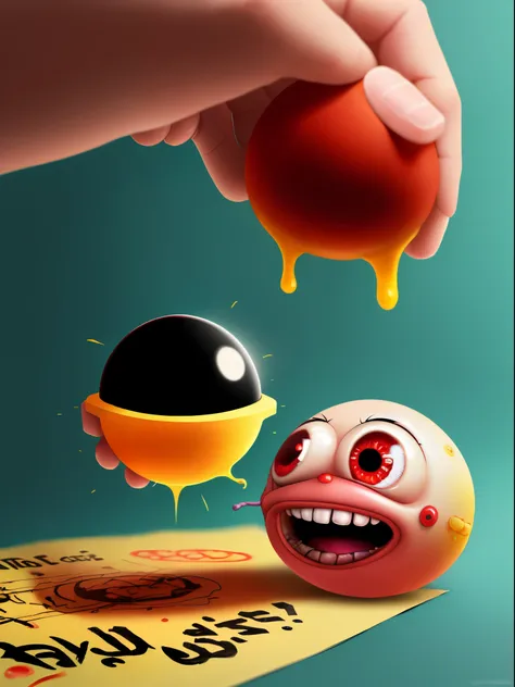 A lump of flesh stuck in a toys eyeball has a poster saying "Wajra Pa Jad".