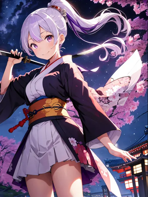 masutepiece, hight resolution, Best Quality, 1girl solo, Smile, Kimono, White hair, Purple Highlights, Ponytail、Japan holding a sword、Hold the sword、holding a Japanese sword、Night