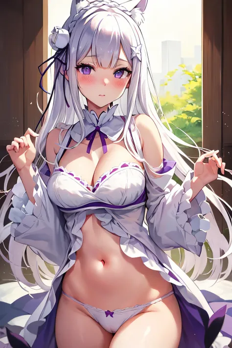 Emilia Re:Zero, white hair, white crown braid, purple ribbons in hair, white flower in hair, white lingerie, x hair ornament, purple eyes, long hair, medium breasts, fox ears, fox girl, 1girl, solo, 

(masterpiece:1.1), (best quality:1.1), (ultra-detailed:...