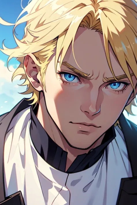 caucasian man, male, blue eyes, sunlight, blonde hair, school Outfit, pretty, highly detailed, cinematic, epic, anime style