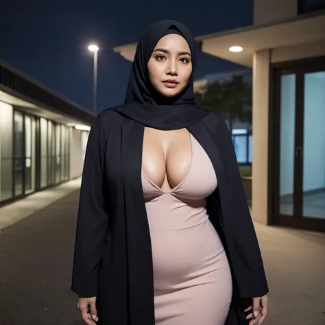 50 years Old, Hijab Indonesian mature woman, Big Tits : 18.9, doctor suit,curvy body, Breast about To burst out from her clothes, at doctor office, Dark light, at Nighttime.