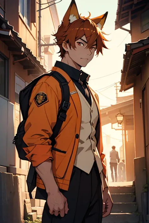 Asian man, male, orange eyes, sunlight, fox ears, orange-brown hair, school Outfit, pretty, highly detailed, cinematic, epic, anime style