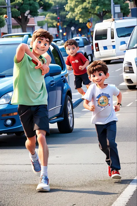 there is a man and a child running down the street, with a kid, taken with canon eos 5 d mark iv, kid, happy with smile