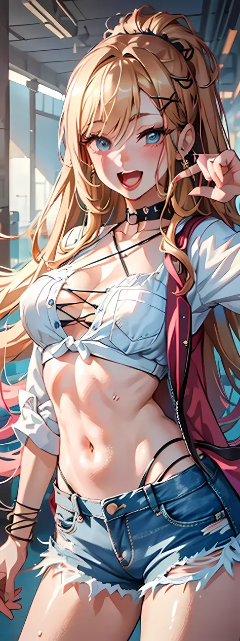 best quality,ultra-detailed,high resolution,extremely detailed cg,anime picture,unity 8k wallpaper,
blond hair,blue eyes,long hair,ripped shorts,white shirt,purse,navel,looking at viewer,hair ornament,smile,pov doorway,open mouth,denim,x hair ornament,cybe...