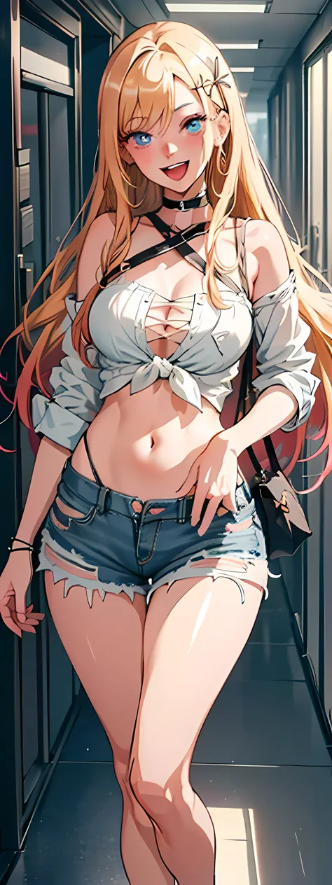 best quality,ultra-detailed,high resolution,extremely detailed cg,anime picture,unity 8k wallpaper,
blond hair,blue eyes,long hair,ripped shorts,white shirt,purse,navel,looking at viewer,hair ornament,smile,pov doorway,open mouth,denim,x hair ornament,cybe...