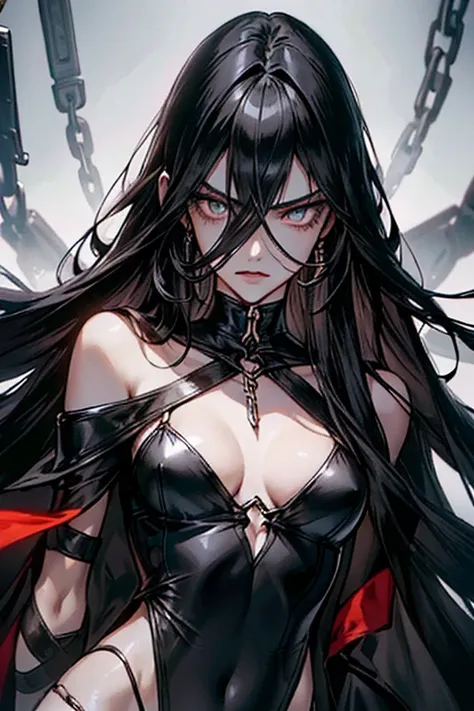 (((long strands of hair in front of face, hair strands between eyes))) (best quality, masterpiece, colorful, dynamic angle, highest detailed) (official art, extreme detailed, highest detailed) (long straight black hair, hair covering face, pale skin, dark ...