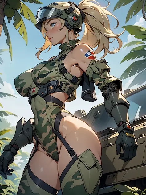 1woman 20 years old, max resolution, sculpted, military, wearing a soldier helmet, beautiful, perfect body, blonde hair, blue eyes, perfect body, thin waist, , large breasts, slim thighs, jungle background, armored vehicle, military robot, camouflaged unif...