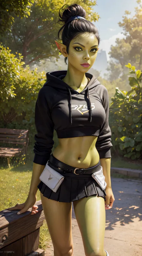 1girl, sexy githyanki, (green skin:1.3), black short hair bun, orange eyes, pointy ears, navel, midriff, (black crop hoodie:1.2), (black plain skirt:1.2), (black-and-white high socks:1.2), belt, pouch, medium breasts, athletic, posing in the park, autumn, ...