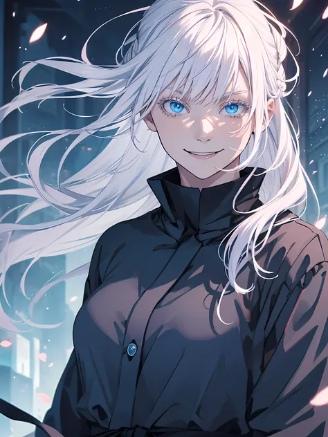 woman, famale version, female, jujutsu kaisen, solo, alone, happy, smiling white hair, bangs, long hair, white eyebrows, white e...