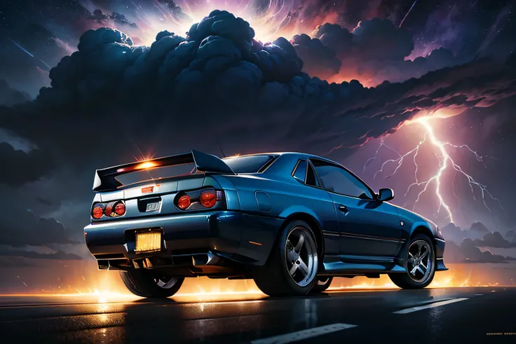 a car (Nissan Skyline R34) on the highway driving towards a distant storm in a strange landscape, digital art inspired  space art, beeple and tim hildebrandt, and greg rutkowski painting of a large cloud with a tornado swirl coming out of it, a surrealist ...