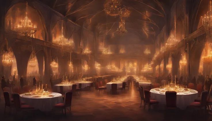 a grand medieval fantasy ballroom, candle lit and full of many esteemed nobles and guests, an opulent atmosphere