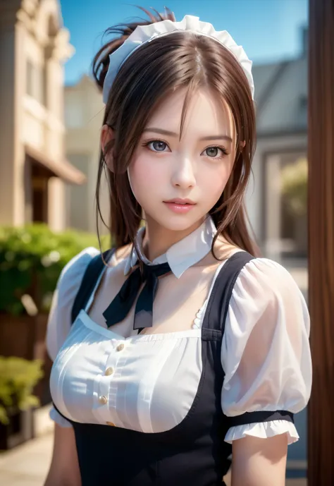 8K, of the highest quality, masutepiece:1.2), (Realistic, Photorealsitic:1.37), of the highest quality, masutepiece, Beautiful young woman, Pensive expression,、A charming、and an inviting look, Cute Maid Clothes, Hair tied back, Cinematic background, Light ...