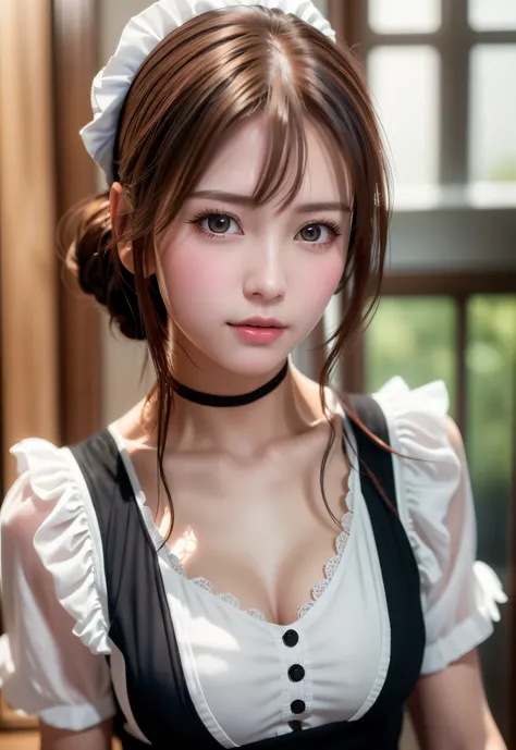 8K, of the highest quality, masutepiece:1.2), (Realistic, Photorealsitic:1.37), of the highest quality, masutepiece, Beautiful young woman, Pensive expression,、A charming、and an inviting look, Cute Maid Clothes, Hair tied back, Cinematic background, Light ...