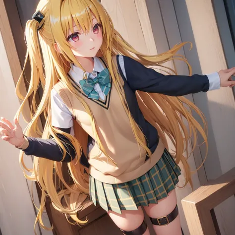 (masterpiece:1.6, best quality), (finely detailed beautiful eyes: 1.2), phyami, yamisch, 1girl, long hair, solo, school uniform, hair ornament, hair between eyes, two side up, blonde hair, very long hair, skirt, red eyes, thigh strap, sweater vest, plaid s...