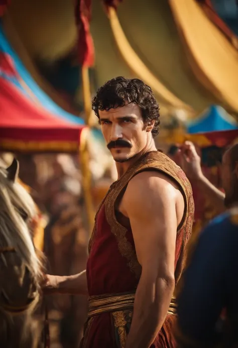 A photo of Oberyn at a lively carnival, surrounded by colorful tents and playful attractions,Game of Thrones TV series,Oberyn is a tall man with black hair and a beard, famously portrayed by Pedro Pascal