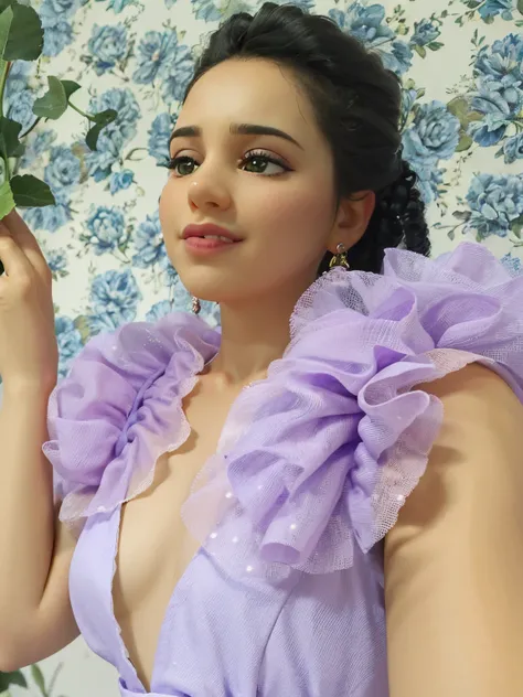 there is a woman in a purple dress holding a green plant, usando vestido de organza, vestido em um vestido roxo, by Amelia Peláez, roupa de babados, Directed by: Emma Rios, wearing purple romantic tutu, close up tiro de meio corpo, usando espartilho roxo e...