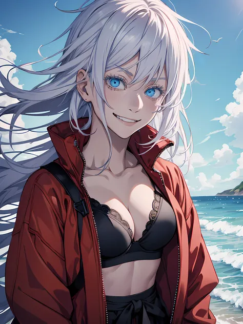 Woman, famale version, female, jujutsu kaisen, solo, alone, happy, smiling white hair, bangs, long hair, white eyebrows, white eyelashes, light blue eyes, wearing bra, red jacket, beach, high quality, 4k resolution, anime