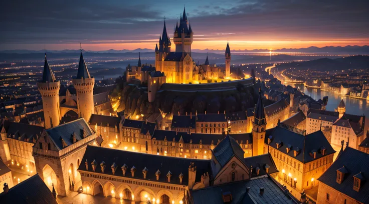 a fantastic medieval city with its majestic castle at night (view from above)