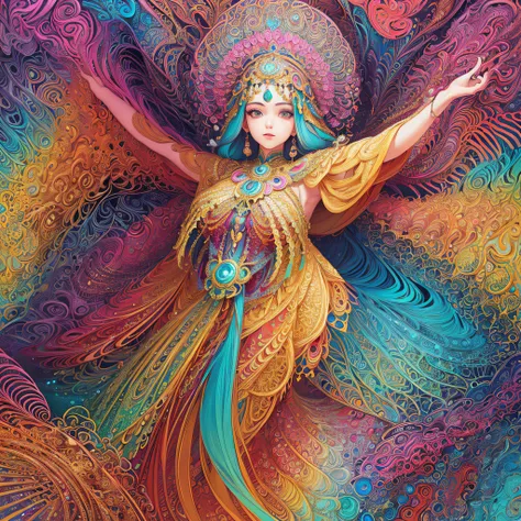 (masterpiece, top quality, best quality, official art, beautiful and aesthetic:1.2), (1girl:1.3), extremely detailed,(fractal art:1.2),colorful,highest detailed,(zentangle:1.2), (dynamic pose), (abstract background:1.5), (treditional dress:1.2), (shiny ski...