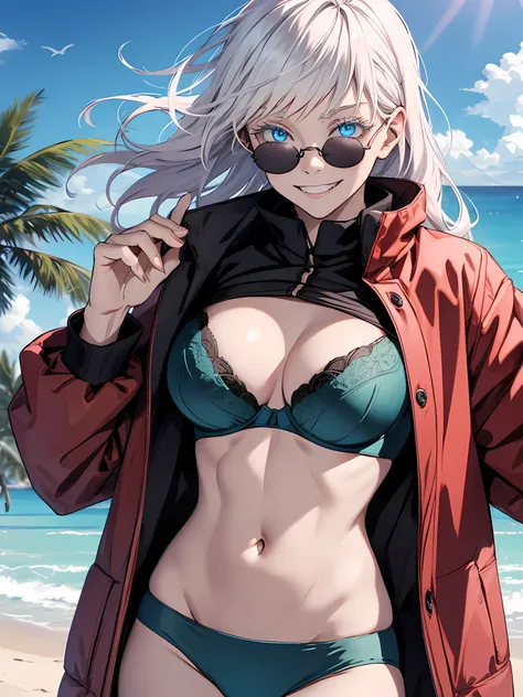 Woman, famale version, female, jujutsu kaisen, solo, alone, happy, smiling white hair, bangs, long hair, white eyebrows, white eyelashes, light blue eyes, wearing round sunglasses, wearing bra, bikini, red jacket, beach, high quality, 4k resolution, anime