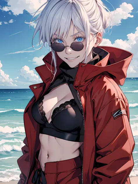 Woman, famale version, female, jujutsu kaisen, solo, alone, happy, smiling white hair, bangs, long hair, white eyebrows, white eyelashes, light blue eyes, wearing round sunglasses, wearing bra, red jacket, beach, high quality, 4k resolution, anime