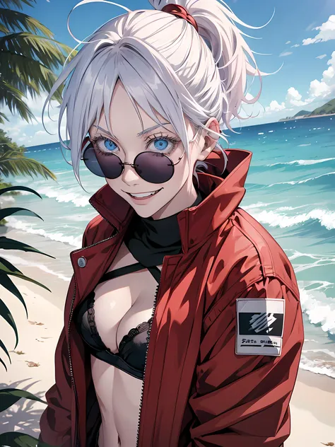 Woman, famale version, female, jujutsu kaisen, solo, alone, happy, smiling white hair, bangs, long hair, white eyebrows, white eyelashes, light blue eyes, wearing round sunglasses, wearing bra, red jacket, beach, high quality, 4k resolution, anime