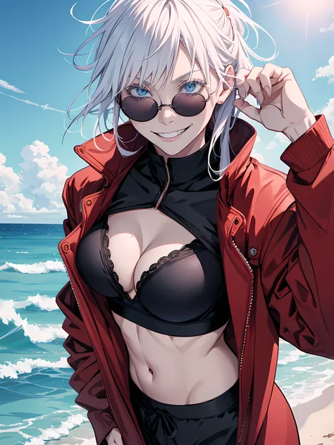 Woman, famale version, female, jujutsu kaisen, solo, alone, happy, smiling white hair, bangs, long hair, white eyebrows, white eyelashes, light blue eyes, wearing round sunglasses, wearing bra, red jacket, beach, high quality, 4k resolution, anime