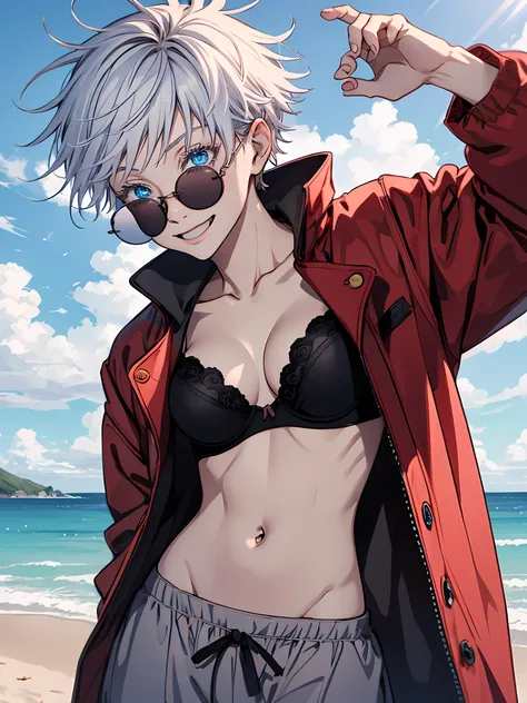 Woman, famale version, female, jujutsu kaisen, solo, alone, happy, smiling white hair, bangs, long hair, white eyebrows, white eyelashes, light blue eyes, wearing round sunglasses, wearing black bra, red jacket, beach, high quality, 4k resolution, anime