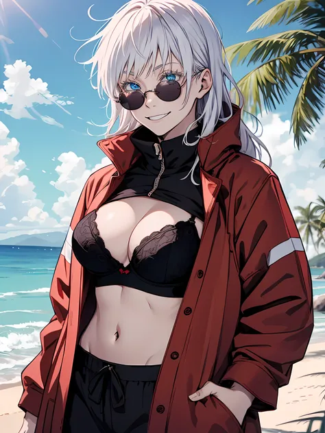 Woman, famale version, female, jujutsu kaisen, solo, alone, happy, smiling white hair, bangs, long hair, white eyebrows, white eyelashes, light blue eyes, wearing round sunglasses, wearing black bra, red jacket, beach, high quality, 4k resolution, anime