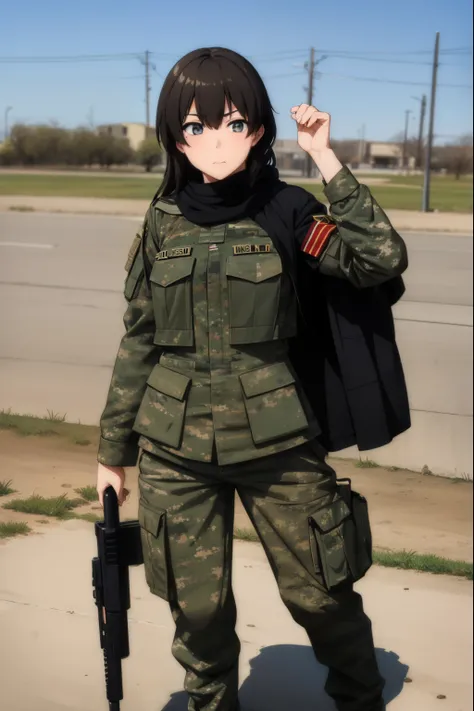 Cute girl,Soldier,She wears army clothes,army, in-depth details, Iraqi clothing, full body, sexy body, sexy,Spotted army clothing, Military camouflage clothing