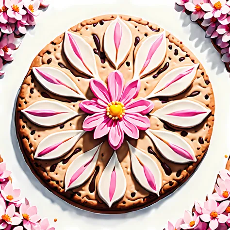 (symmetrical:1.3), (epic digital drawing:1.3), (shot from above:1.3) (close up:1.3), (((giant cookie perfectly shaped as a blossom))) that is cherry, ((abstract floral background))