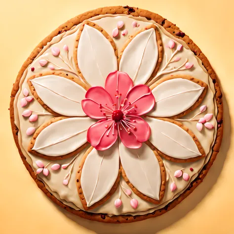 (symmetrical:1.3), (epic digital drawing:1.3), (shot from above:1.3) (close up:1.3), (((giant cookie perfectly shaped as a blossom))) that is cherry, ((abstract floral background))