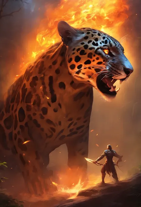 Otherworldly mysterious Jaguar creatures, Terrifying atmosphere, Fire, Smoke, hyper photorealism, High quality, Masterpiece