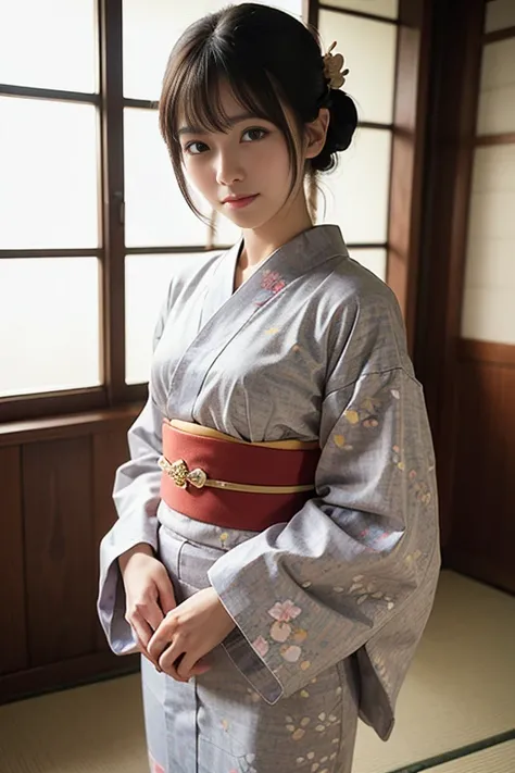 (masutepiece, Best Quality:1.4), Beautiful face, 8K, 85 mm, absurderes, ((FULL BODYSHOT:1.3))、((traditional Japanese room（With futon）))、(Floral pattern long-sleeved kimono:1.4), cowboy  shot、violaceaess, gardeniass, Delicate girl, Solo, Long bob hair、Night...