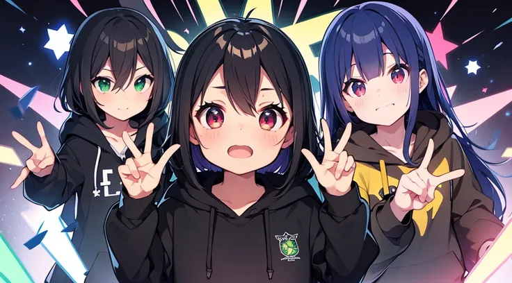 Vtuber sorprendido, hoodie negro, cabello negro con brillo morado, ojos con brillo de estrella, manos abiertas, fondo verde, efectos de manga, onomatopellas manga de explosion, war squad, risa, bullets, sparks, electric lights