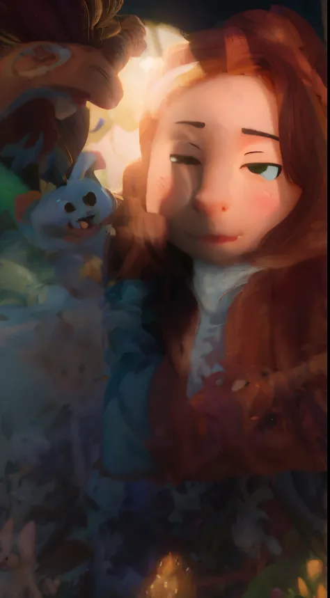 (best quality,4k,8k,highres,masterpiece:1.2),ultra-detailed,(realistic,photorealistic,photo-realistic:1.37),digital painting,Disney Pixar style,colorful palette,pastel tones,bright and vibrant lighting,a girl and her pet in a magical forest,whimsical atmos...