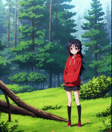 anime girl in red hoodie standing in a field with trees, anime lush john 8k woods, black haired girl wearing hoodie, official anime still, anime visual of a cute girl, rin tohsaka, anime moe artstyle, high quality anime movie still, official studio anime s...