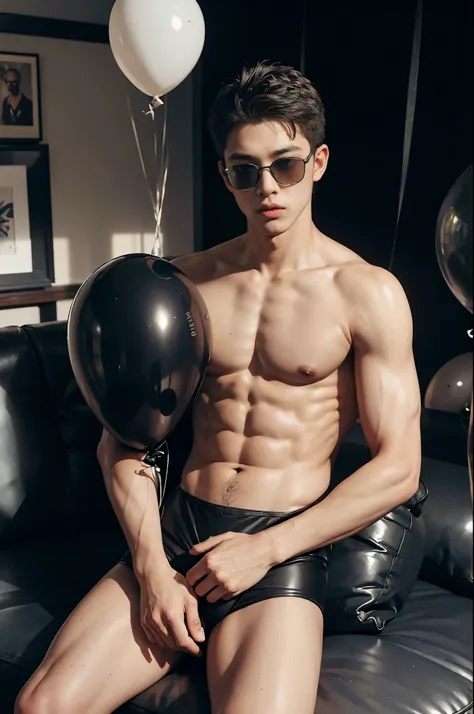 14-year-old boy, sitting on big black balloon between legs, wearing speedos, shirtless, abs, thin body, hugging big black balloons, popping big black  balloons, handsome, youthful, boyish, cute, black military sunglasses, photography, realistic, indoor sof...