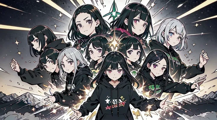 Vtuber sorprendido, hoodie negro, cabello negro con brillo morado, ojos con brillo de estrella, manos abiertas, fondo verde, efectos de manga, onomatopellas manga de explosion, war squad, risa, bullets, sparks, electric lights