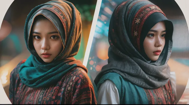 Transform the Malay girl in hijab into a time traveler, blending traditional Malay attire with futuristic elements. Place her in iconic movie scenes from different eras, creating a captivating collage of time-traveling moments, 35mm, Over-the-shoulder shot...