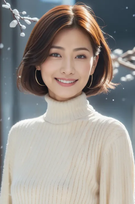 ((top-quality、8K、​masterpiece:1.3))、foco nítido:1.2、Beautiful 50 year old woman with perfect figure:1.4、(Layered Hair Style:1.2))、(High neck sweaters and thick coats:1.3)、muffler:1.2、big earrings and necklace:1.1、Highly detailed facial and skin texture、A d...