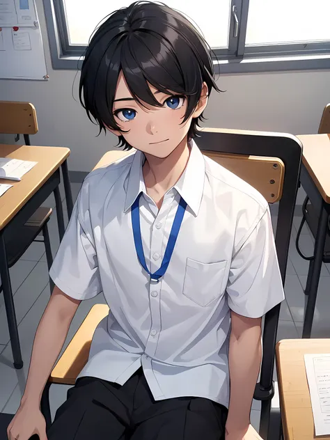 1boy, young male, age 12, black hair, happy, solo, detailed eyes, quality eyes, masterpiece, (untuckedshirt:1.2), student, white...