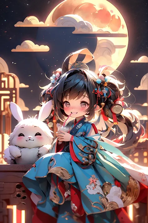 tmasterpiece,best quality, 1girl·chibi, ssmile, hanfu, moon full, cloud，drank