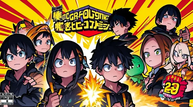 Vtuber sorprendido, hoodie negro, cabello negro con brillo morado, ojos con brillo de estrella, manos abiertas, fondo verde, efectos de manga, onomatopellas manga de explosion, war squad, risa, bullets, sparks, electric lights